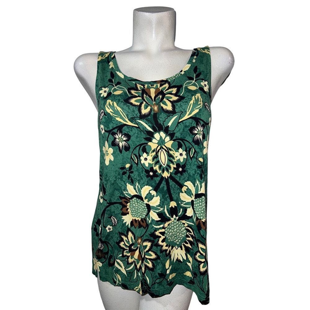 Chicos Green Floral Damask Sleeveless Tank Top Size 1 Medium Scoop Neck Stretch